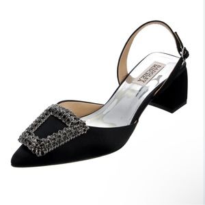 BADGLEY MISCHKA Crystal Embellishments Slingback Pumps Black satin Sz 8 gently